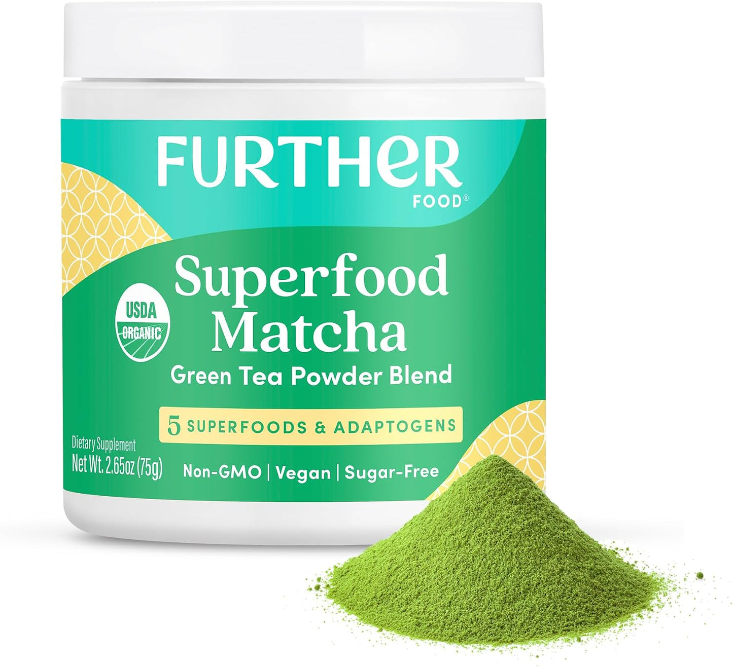 Further Food Superfood Matcha Powder, USDA Organic Japanese Matcha | With Ashwagandha, Ginger, Wheatgrass &amp; Cordyceps, Brain Boosting Energy &amp; Detox Tea, 2.65 Oz