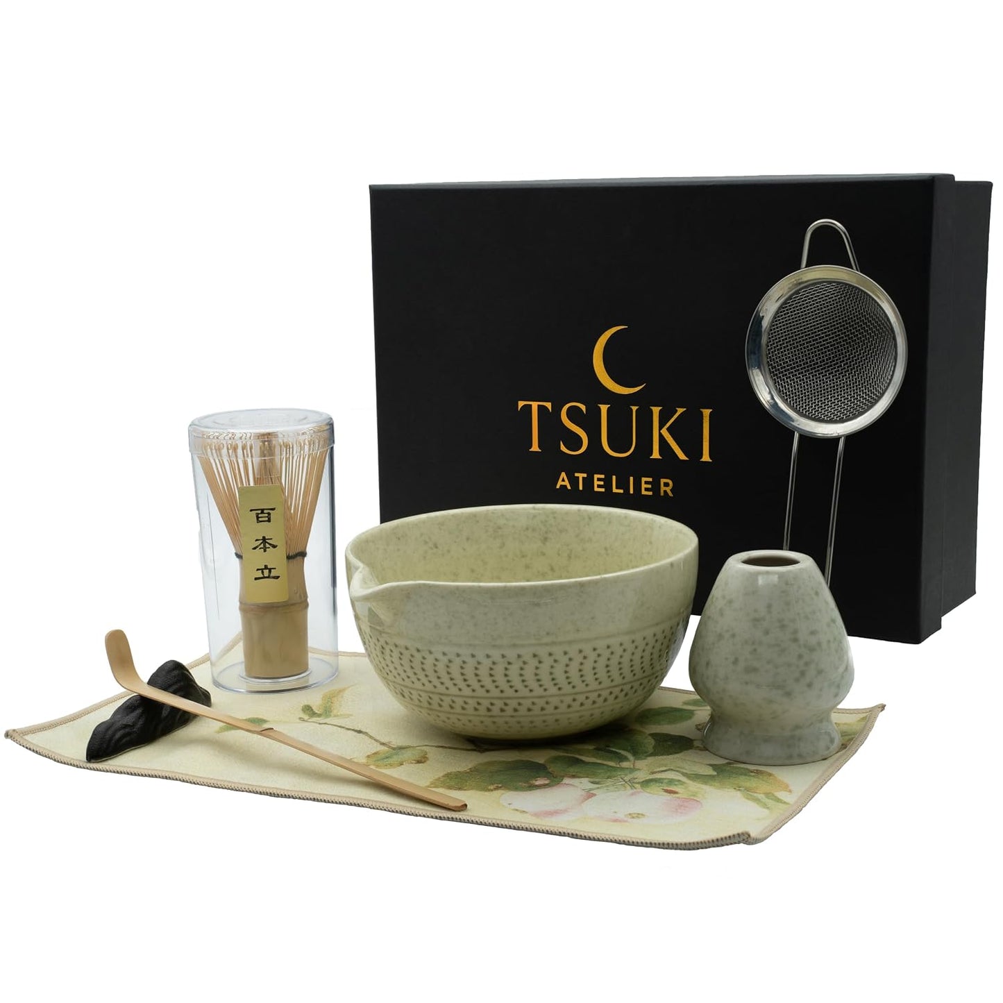 Matcha Whisk Set – 7 Pcs Matcha Kit - Ceramic Bowl, Bamboo Whisk & Holder, Scoop, Sifter, Scoop Rest & Tea Towel – Elegant Matcha Kit for Tea Lovers