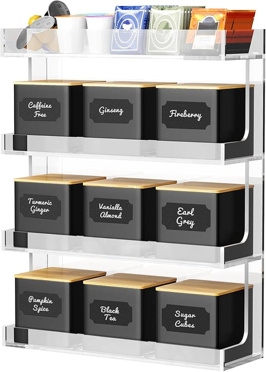 NiHome Acrylic Tea Organizer with 9 Metal Canisters and Dual Lids, Transparent Storage Rack with Top Tray for Tea Bags or Coffee Accessories, Airtight Sealed Jars for Loose Leaf Tea, Spices, or Coffee