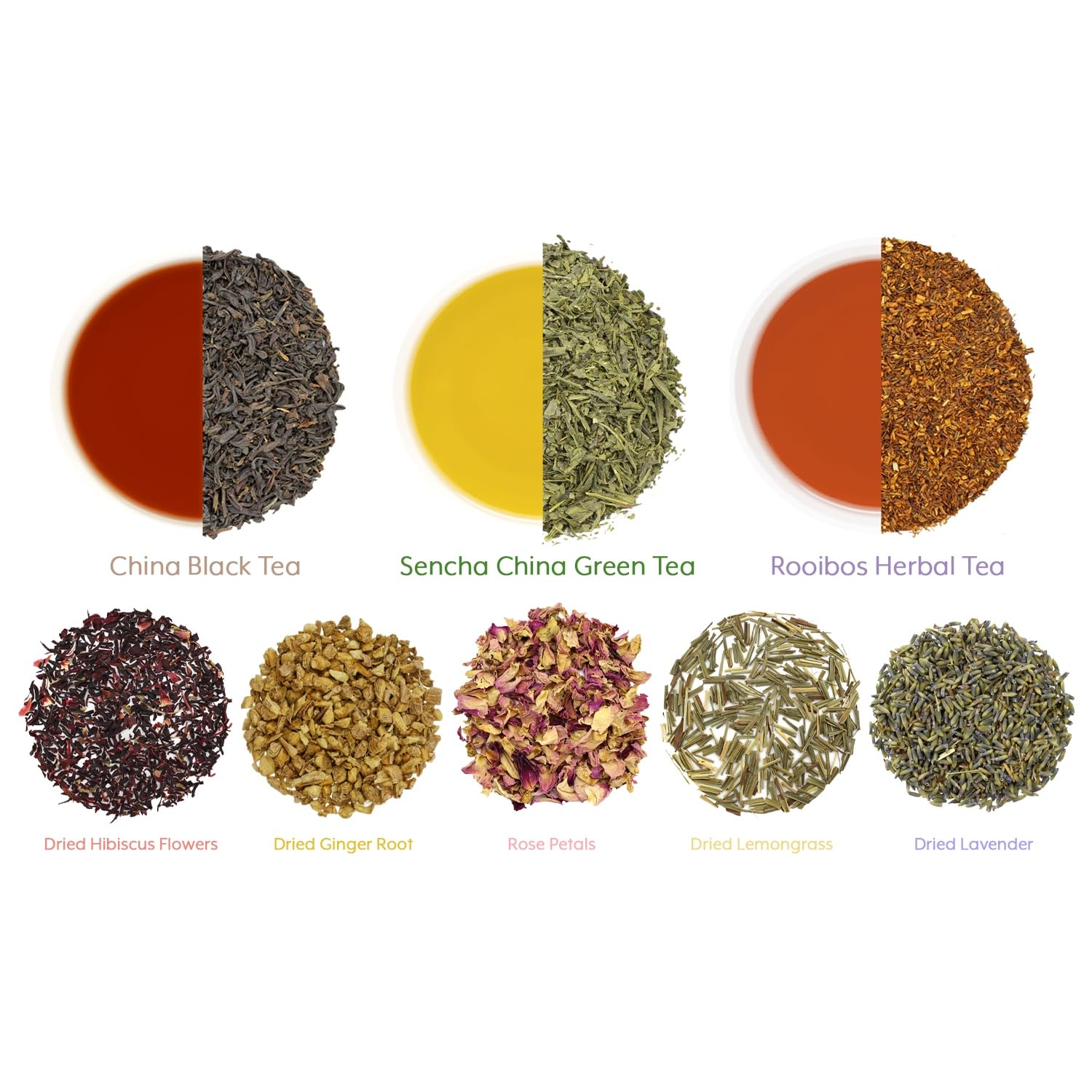 Loose Leaf Tea Sampler Create Your Own Tea Blend Starter Kit w/Sencha, Rooibos, China Black, & Ginger, Lavender, Rose, Lemongrass, Hibiscus Spices