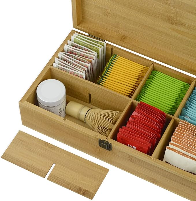 Bamboo Tea Organizer Box Chemical Free Eco-Friendly Big, Tall, Adjustable Cubbies Natural Wooden Storage Chest (8-Slot 14.3" x 8.1" x 4.2" with Tea Leaf design)