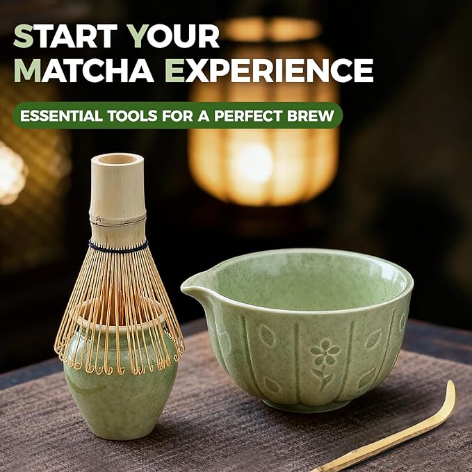 Matcha Whisk Set-5pcs, 16OZ Japanese Tea Set Includes Matcha Bowl with Spout, Bamboo Whisk with Ceramic Holder