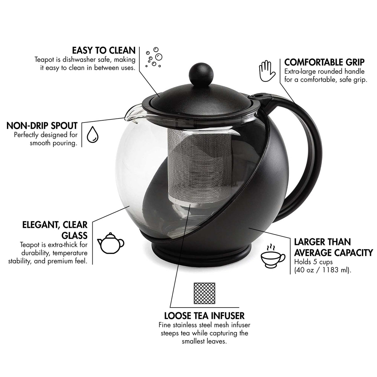Primula Half Moon Teapot with Removable Infuser, Glass Tea Maker with Reusable Fine Mesh Stainless Steel Filter, Dishwasher