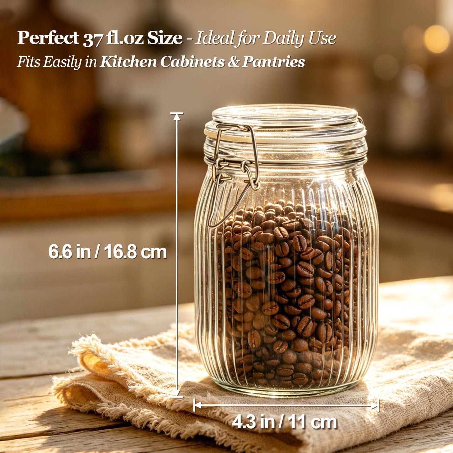 ComSaf Ribbed Glass Storage Jars Airtight Lids 34oz 3 Pack Pantry Flour | BPA-free food-grade glass, ribbed texture, bulk flour &amp; rice, pantry organization, kitchen canister set