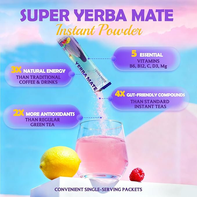 Zelfyrtisar Yerba Mate Instant Tea Powder – Clean Energy Drink for Focus & Brain Fog Support - Sugar-Free Raspberry Lemonade Flavor, 30 On-the-Go Vegan Pouches with Lion’s Mane, Ashwagandha & Probiotics