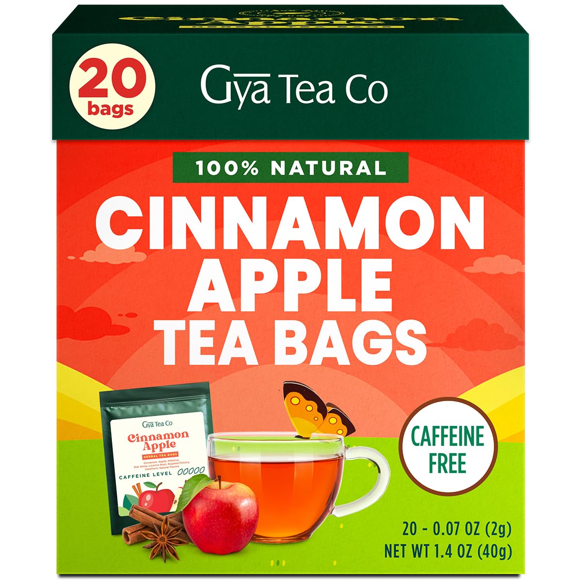 Apple Cinnamon Tea Bags 20 Count - 100% Natural Caffeine Free Herbal Tea | Cinnamon, Apple &amp; Hibiscus Blend, Hot or Iced, No Artificial Ingredients, Spiced Warming &amp; Cozy Fall Flavor