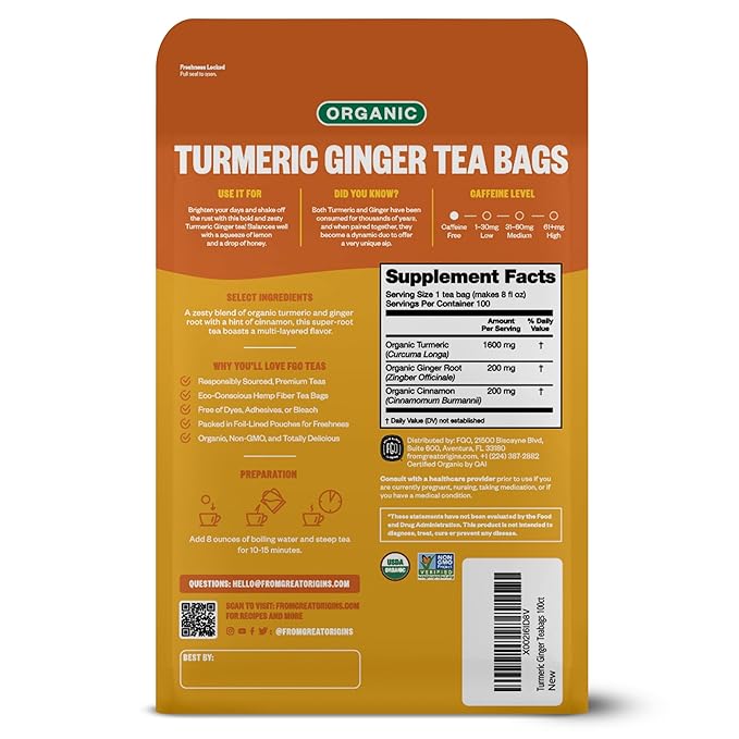 FGO Organic Turmeric Ginger Tea, Eco-Conscious Tea Bags, 100 Count, Packaging May Vary (Pack of 1)