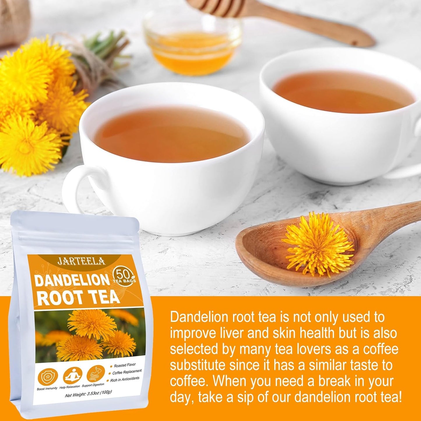 Jarteela - Roasted Dandelion Root Tea, 50 Count, Dried Dandelion Tea | 100% roasted dandelion root, caffeine-free &amp; Non-GMO. Smooth roasted flavor, perfect for hot or iced daily brewing