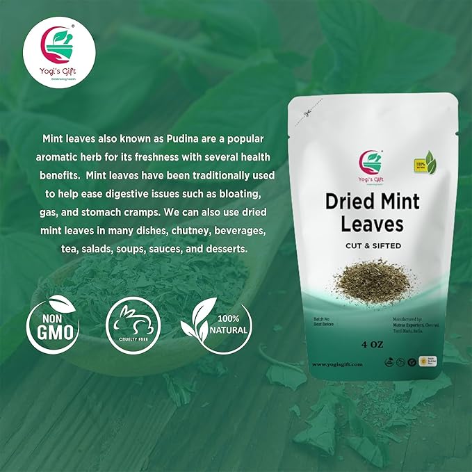 Dried Mint Leaves 4 oz, Peppermint Leaves For Tea & Savoury, Non-GMO, Ethically Sourced, Cut & Sifted, Bulk Tea Loose Leaf - Yogi’s Gift®