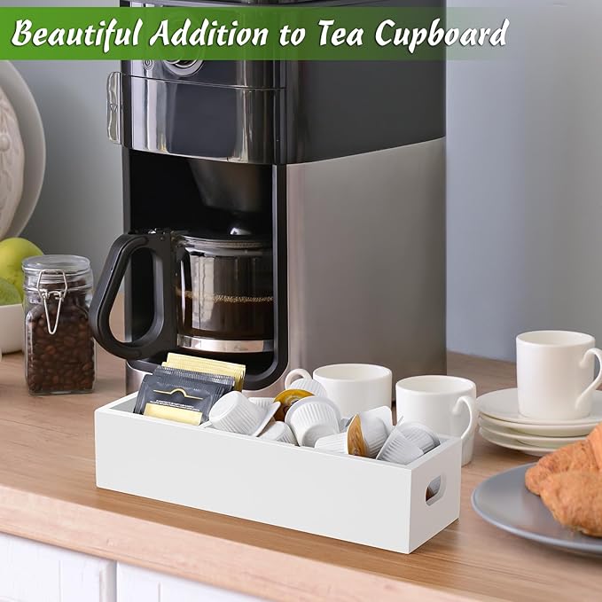 DRASTAR Tea Bag Organizer, Wooden Tea Bag Holder, White Tea Bag Chest with 3 Slots, Mini Tea Organizer Countertop, Sugar Packet Holder