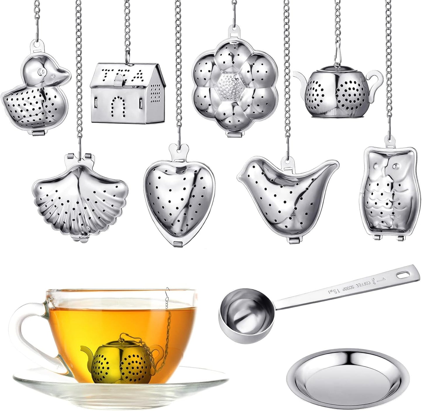 Vesici 10 Set Loose Leaf Tea Infuser Set Stainless Steel Tea Ball Strainer | Loose Tea Holder Infuser Ball Teas Filter Includes Chain Hooks and 1 Drip Trays with 1 Tea Spoon for Brew Tea Leaves Mug
