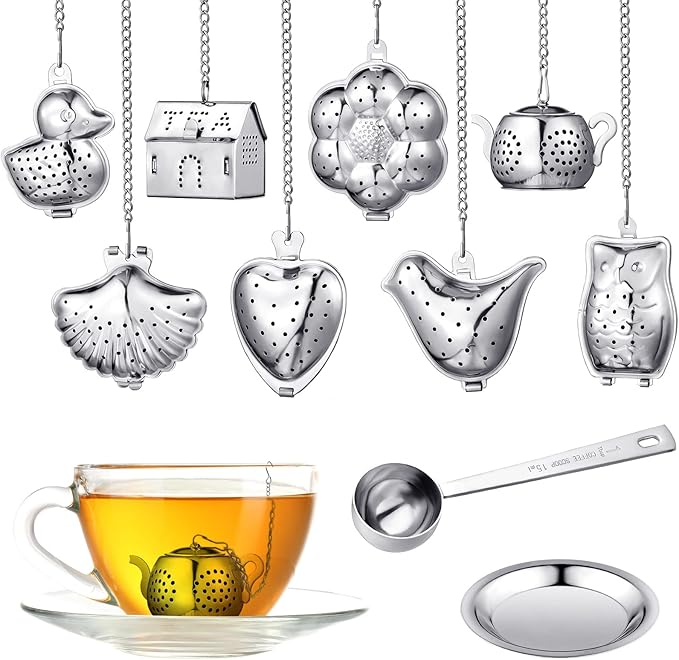 Vesici 10 Sets Loose Leaf Tea Infuser Set Stainless Steel Tea Strainer for Loose Tea Holder Infuser Ball Tea Filter Includes Chain Hooks and 1 Drip