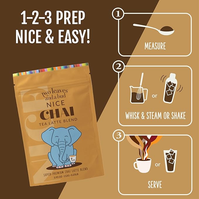 Two Leaves and a Bud Nice Chai Latte Mix, Powdered Chai Latte Tea Mix, Vegan, Dairy Free, Low Sugar, Iced or Hot Lattes, 1 Resealable Bag, 3.95 oz