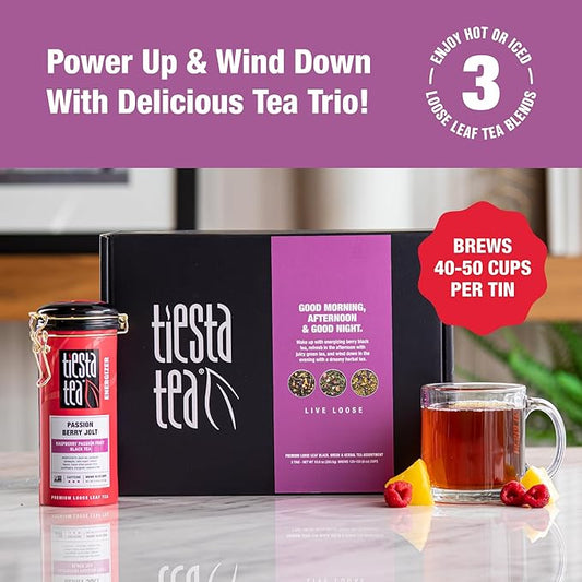 Tiesta Tea - Loose Leaf Tea Tin Gift Box, High to Non-Caffeinated Assorted Blends, 3 Tins for Hot & Iced Brews Variety Pack, Passion Berry Jolt, Fruity Paradise, & Lavender Chamomile