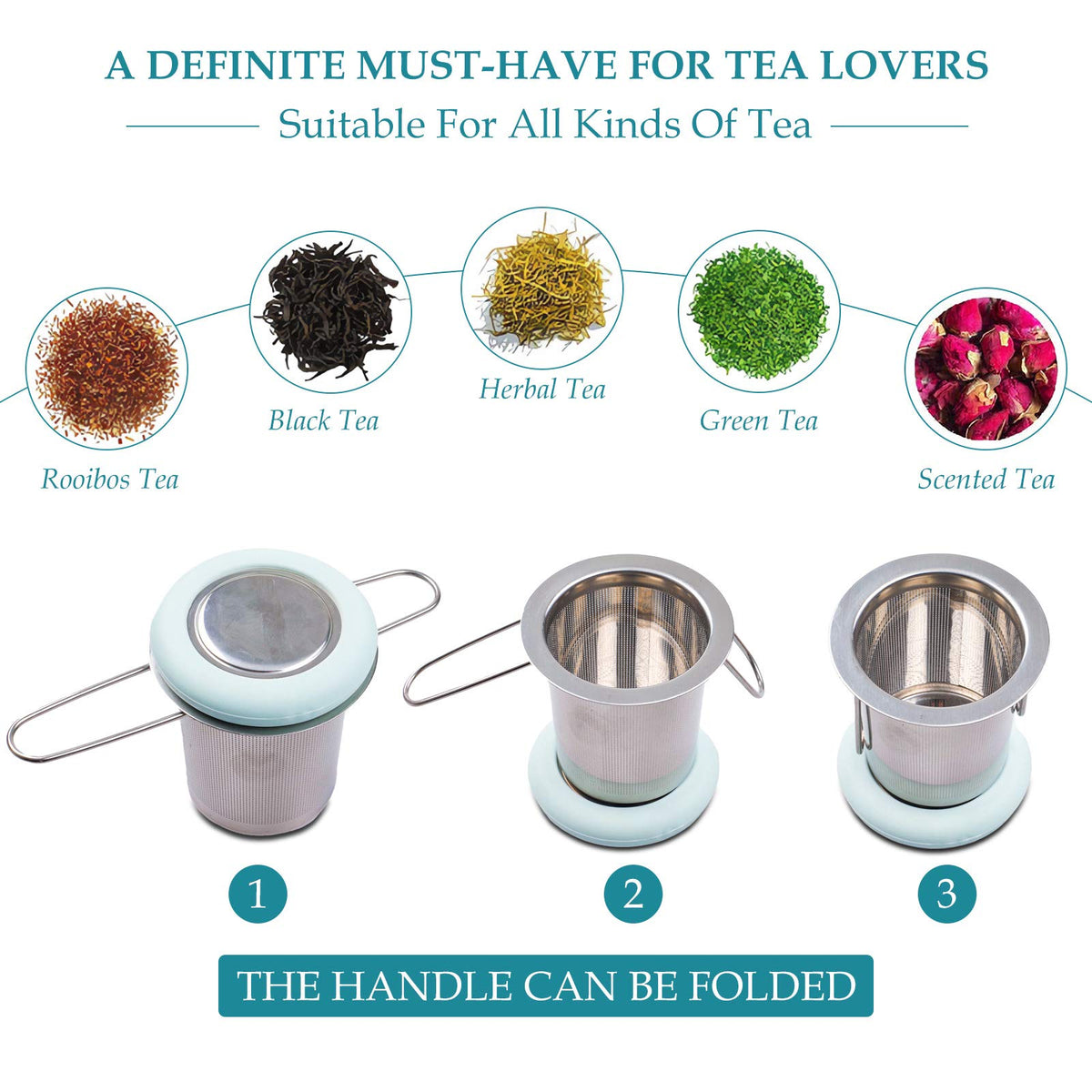 Fenshine Tea Infuser Stainless Steel Tea Strainer Folding Handle Tea Filter Extra Fine Mesh Strainer Brewing Basket with Lid