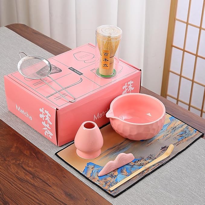 7-Piece Matcha Whisk Set, Pink Ceramic Matcha Bowl with Unique Diamond Design, Bamboo Whisk, Scoop, Sifter & Tea Towel - Complete Matcha Kit for Tea Lovers (Pink Gift Box)