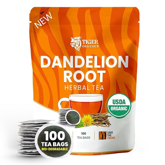 Tiger Organics, Dandelion Root Tea - 100 Biodegradable Teabags | Supports Liver Cleansing & Improves Kidney Function | Your All-day Caffeine-free Brew | USDA Organic Certified | Thanks Giving