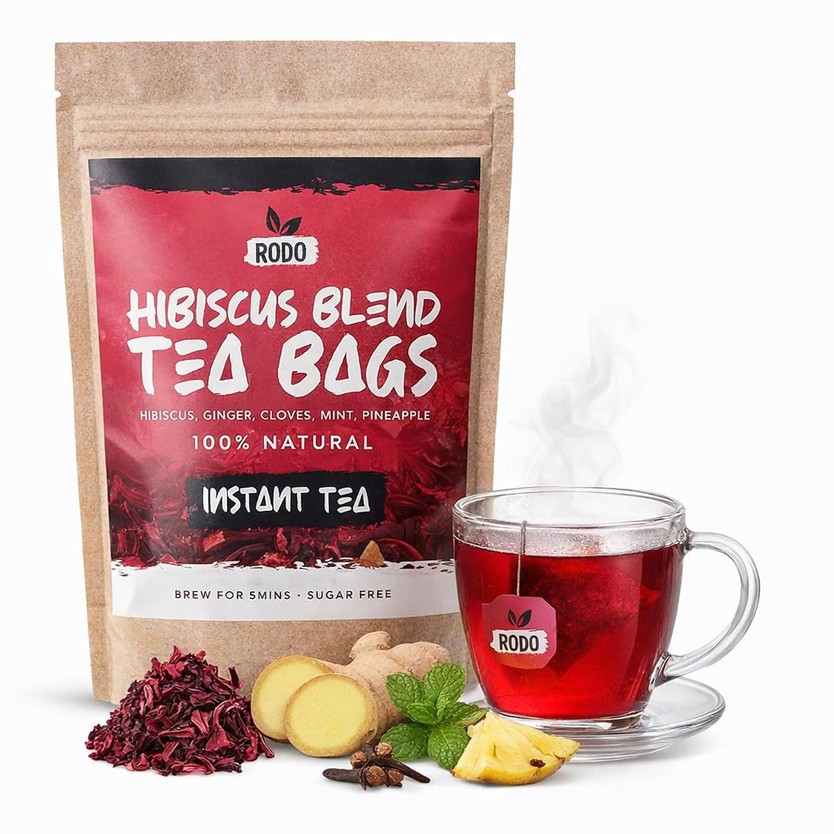 Hibiscus Tea Bags - 30 Count Herbal Tea Blend with Ginger, Mint, Cloves &amp; Pineapple | Caffeine-Free | Sugar Free | Premium Hibiscus Tea