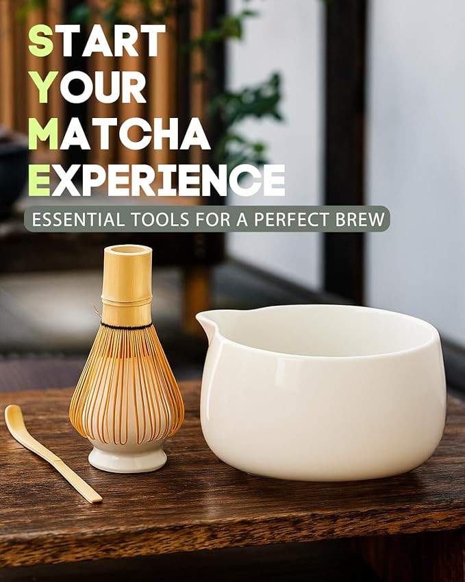 20OZ Matcha Whisk Set - 5PCS Matcha Kit Includes Ceramic Bowl with Spout, Bamboo Whisk with Holder, Bamboo Scoop and Sifter, Matcha Set for Ceremony