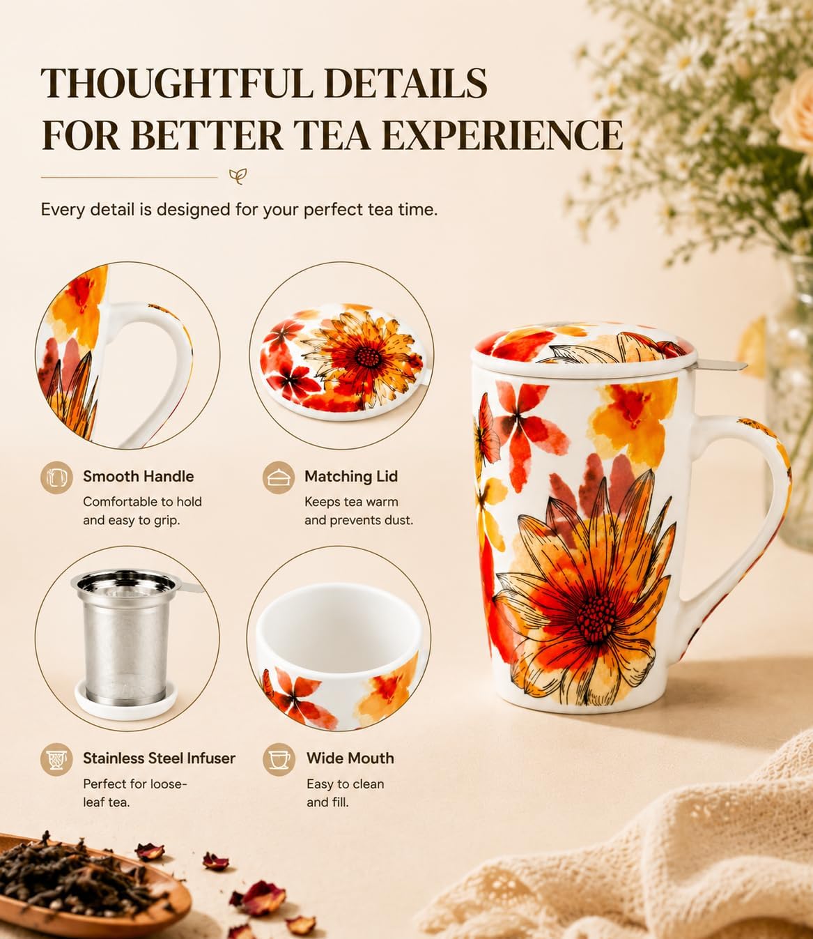 GBhome Tea Mug with Infuser and Lid,18 oz Loose Leaf Tea Cup with Steeper