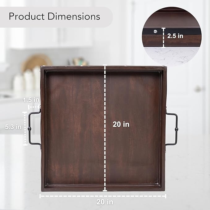 20"x20" Extra Large Square Ottoman Tray, Heavy Duty Mango Wood, for Serving Tea, Breakfast in Bed