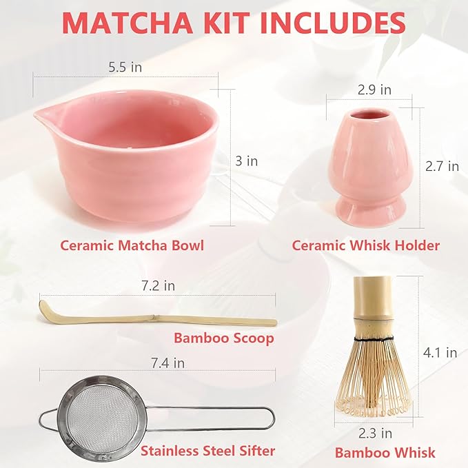 Matcha Whisk Set Cute 18 oz Matcha Bowl Kit 5 pcs Great for Tea Lover Pink