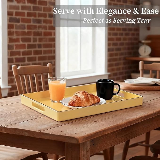 Zosenley Decorative Tray, Rectangular Plastic Tray with Handles, Modern Vanity Tray and Serving Tray for Bathroom, Kitchen, Ottoman and Coffee Table, 15.6” x 10.2” (Light Yellow)