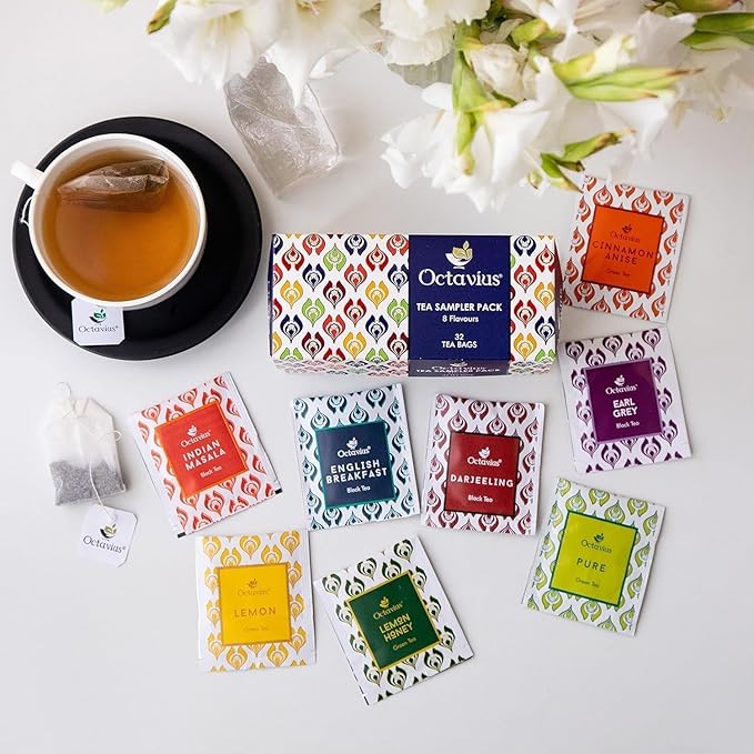 Octavius Assorted Tea Sampler – 32 Teabags | Pack of 2 | 8 Flavors of Premium Black & Green Tea | Variety Pack for Gifting & Daily Enjoyment