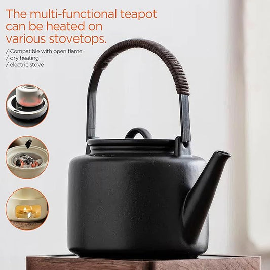 Small Stove Safe Ceramic Teapot with Cold Touch Curved Handle (27oz) - Hand-Glazed Finish - Suitable for Boiling Water and a Variety of Teas and Herbs - Matte Black