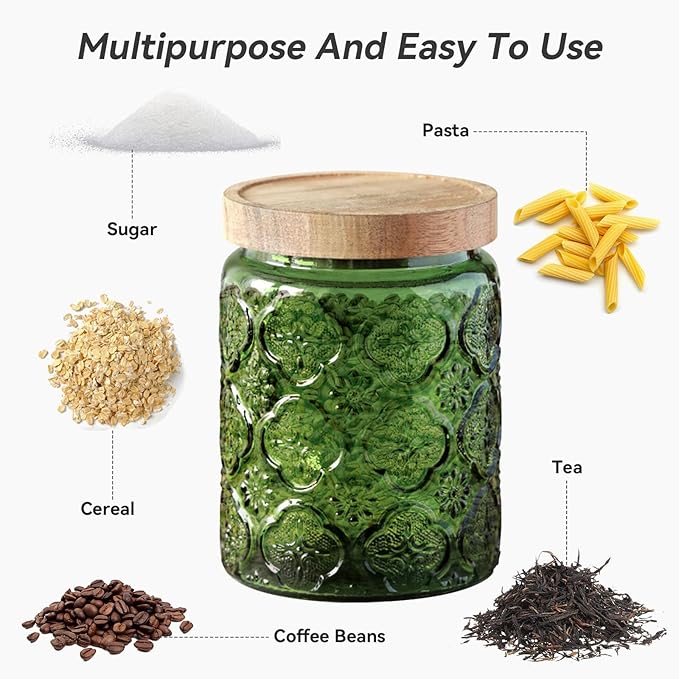 Glass Jar with Lid, Vintage Glass Storage Jars with Airtight Lid Coffee Canister Sugar Container for Kitchen Counter Pantry, Spice, Candy