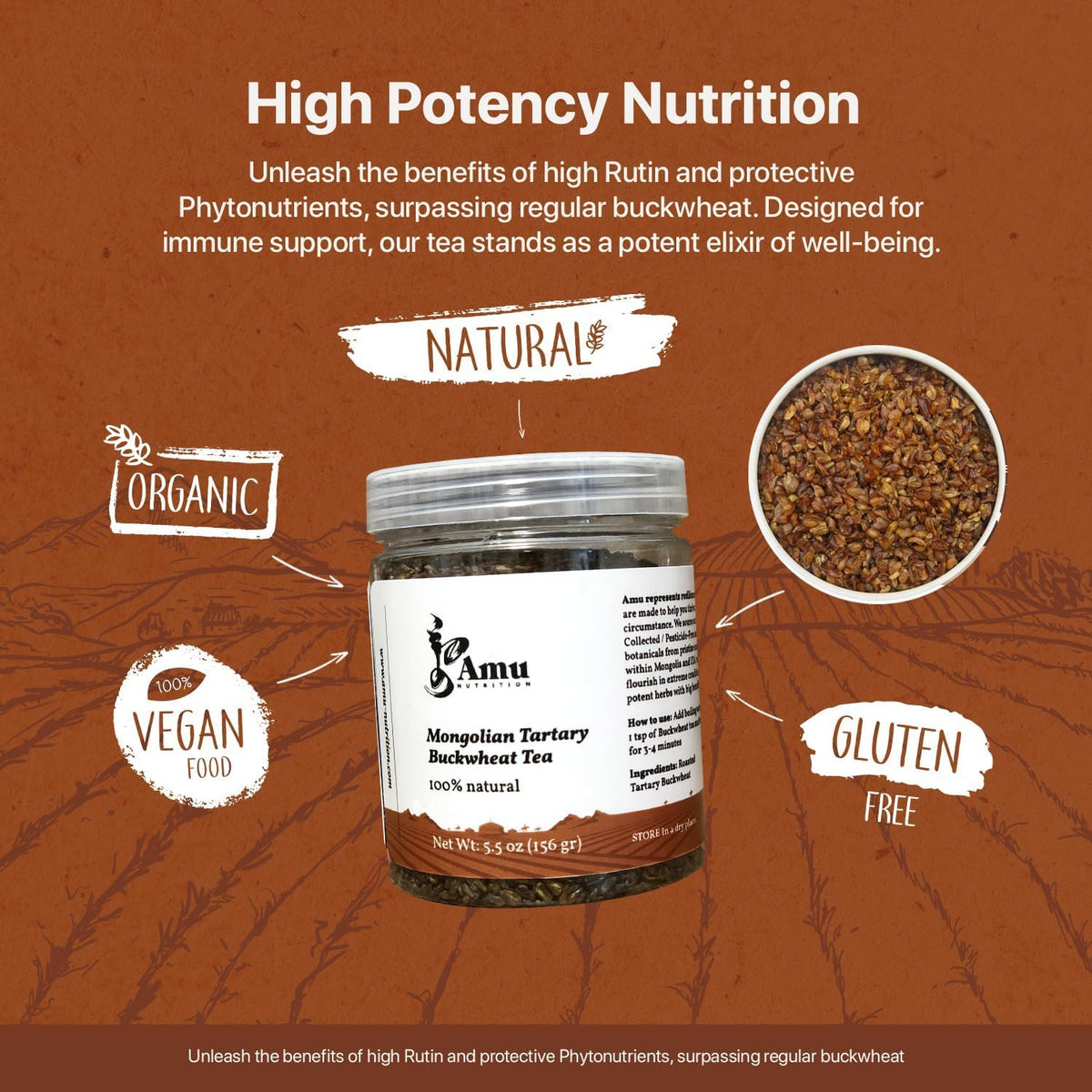 Amu Nutrition Buckwheat Tea, Roasted Tartary, Caffeine Free, Loose Leaf