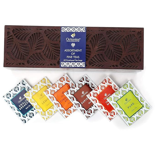 Octavius Gift's Select - Assorted Tea in Leafcut Design Wooden Box | 6 Flavors, 60 Tea Bags | Black & Green | Premium Tea Gifts for Women & Men | Pack of 1
