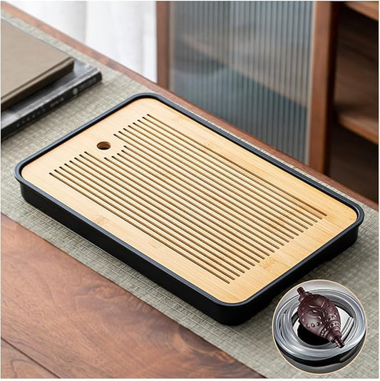 14 Inch Bamboo Chinese Gongfu Tea Tray with Water Storage Drainage, Chinese Gongfu Tea Tray Table Box for Kungfu Tea Set