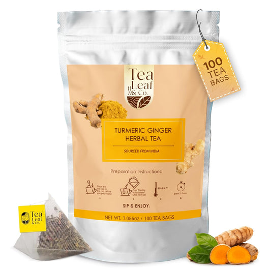 Tealeaf &amp; Co. Turmeric Ginger Herbal Tea - Organic Ginger Turmeric Tea Bags with Fresh Herbs and Spices - Low Caffeine &amp; Gluten Free - 100 Teabags (7.055oz/200gm)