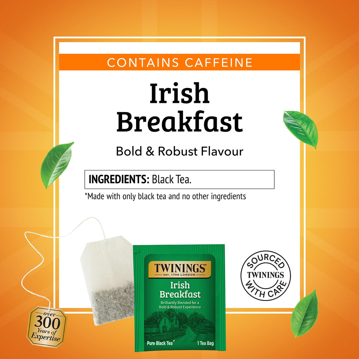 Twinings Irish Breakfast Black Tea Individually Wrapped Bags, 100 Count (Pack of 1), Flavourful, Bold, and Robust, Caffe