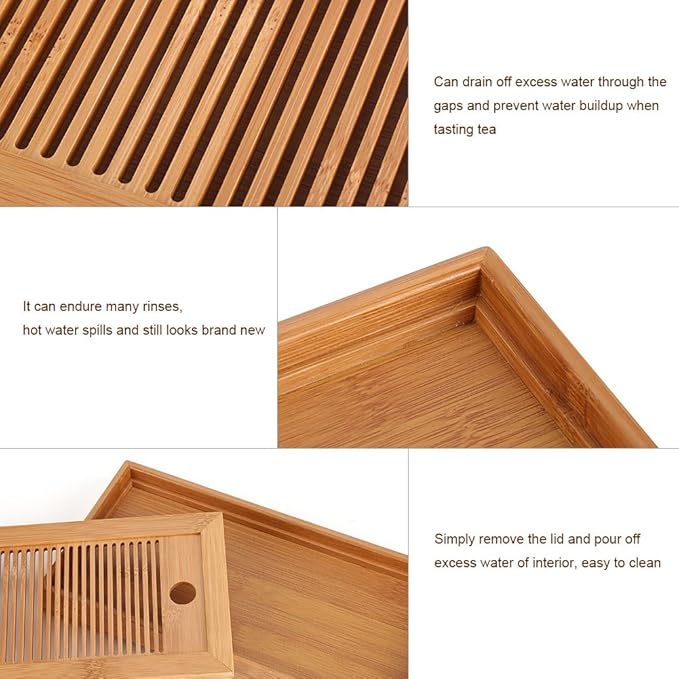 Bamboo Tea Tray with Water Storage Drainage Drawer, Chinese Gongfu Tea Serving Tray, Portable Detachable Tea Set for Home Office Bar, 27 x 14 x 3cm