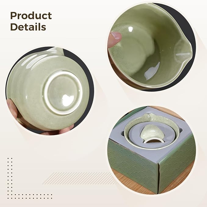 Matcha Bowl and Whisk Set with Holder, 450 ml Ceramic Chawan Matcha Bowl with Spout, Microwave and Dishwasher Safe, Green Glaze Matcha Bowl Set in Gift Box for Tea Lovers
