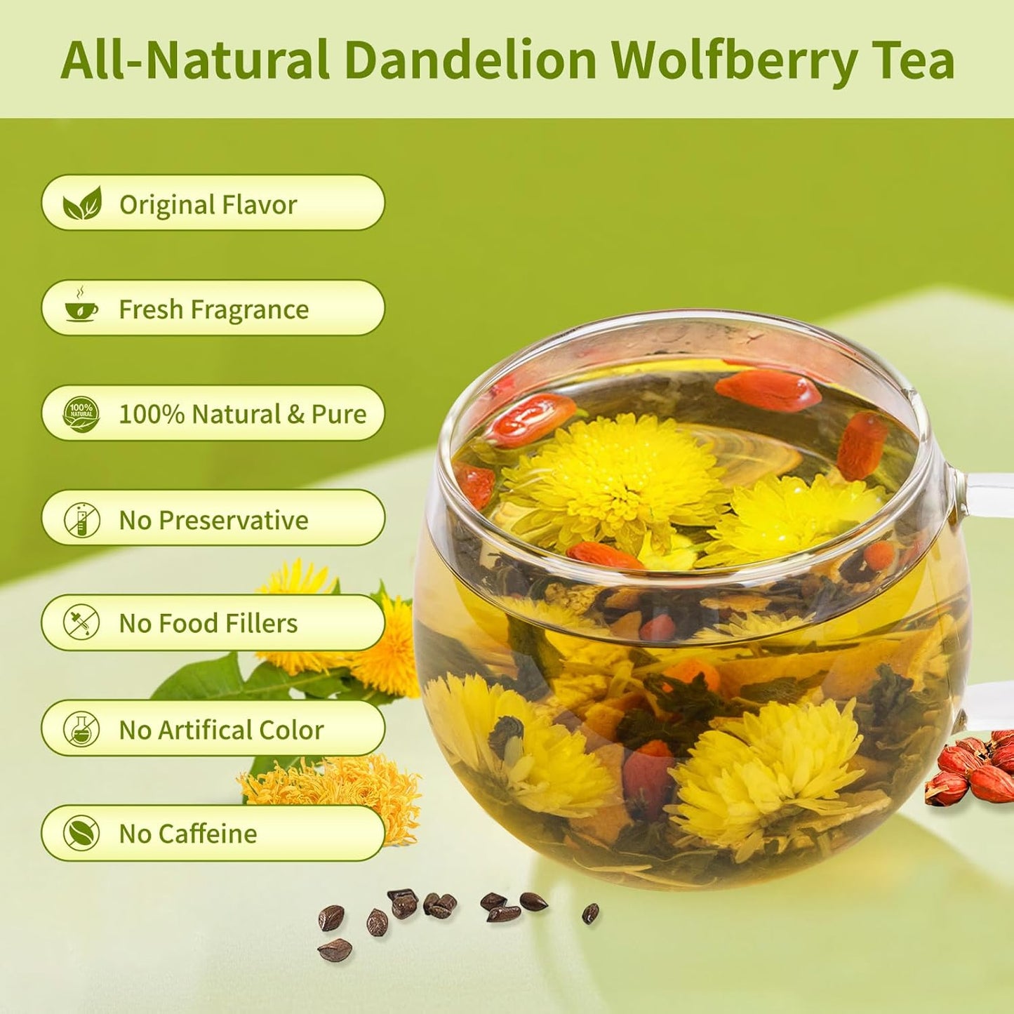 Dandelion Wolfberry Tea Natural Dandelion Herbal Tea Kidney &amp; Liver Health | 7 Natural Formula Herbal Tea Bags, Caffeine Free, No Additives, (3 Pack/36 Bags)