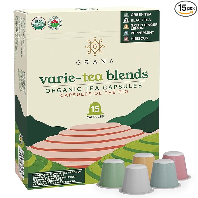 G GRANA Tea Pods, Compatible with Nespresso OriginalLine, 15 Count, Variety Pack of Green Tea, Black Tea, Green Ginger Lemon, Peppermint, and Hibiscus Teas, USDA Organic, Single Serve Capsules