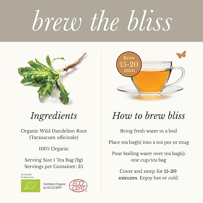 Wild Bliss Organic Wild Raw Dandelion Root Tea - Pharmacopoeia Quality Caffeine Free Herbal Detox Support - 25 Plant Based Tea Bags