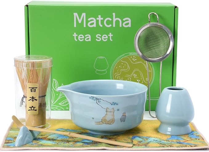 Matcha Whisk Set, Japanese Matcha Kit Set 7-Pcs with Matcha Bowl (Chawan), Matcha Whisk and Holder, Bamboo Scoop, Scoop Rest, Sifter and Tea Towel