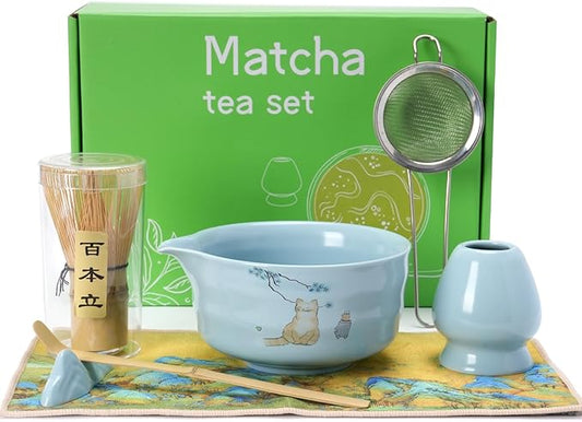 Matcha Whisk Set, Japanese Matcha Kit Set 7-Pcs with Matcha Bowl (Chawan), Matcha Whisk and Holder, Bamboo Scoop, Scoop Rest, Sifter and Tea Towel