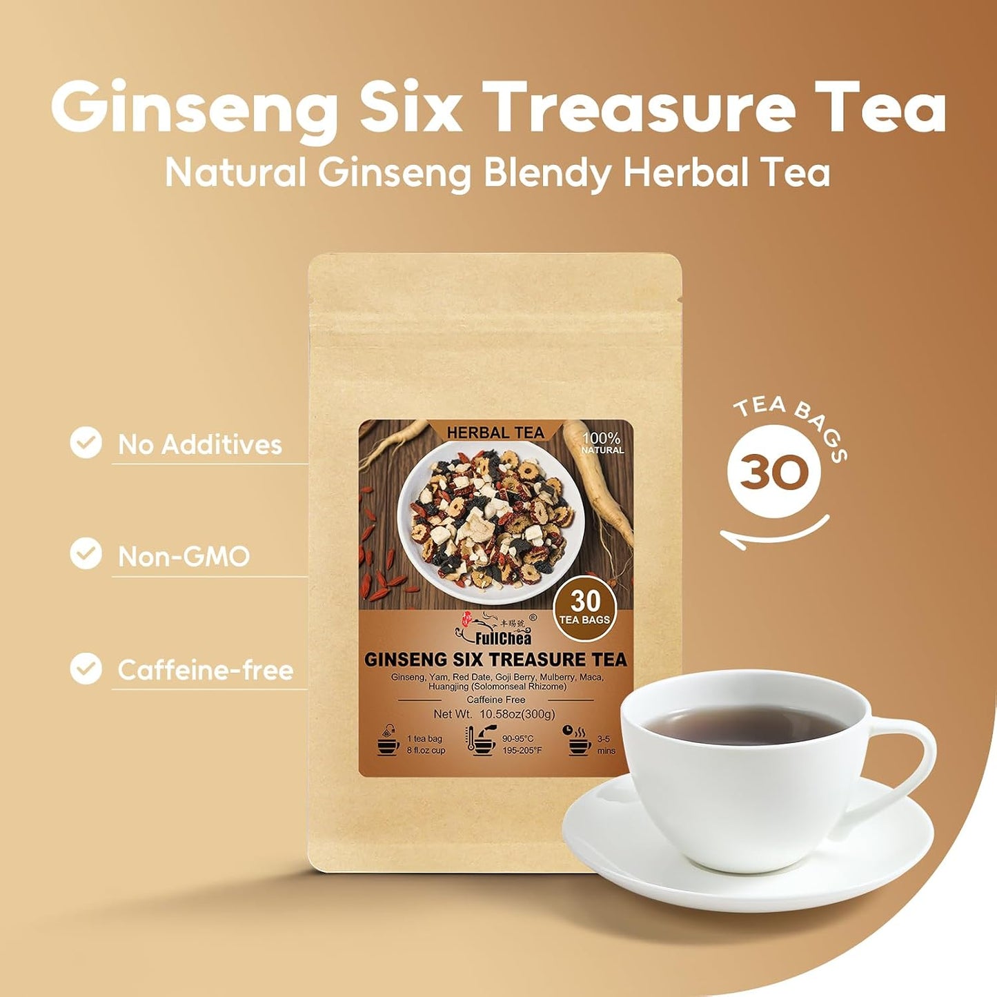 FullChea - Ginseng Six Treasure Tea Bags, 30 Ct, Traditional Herbal Blend