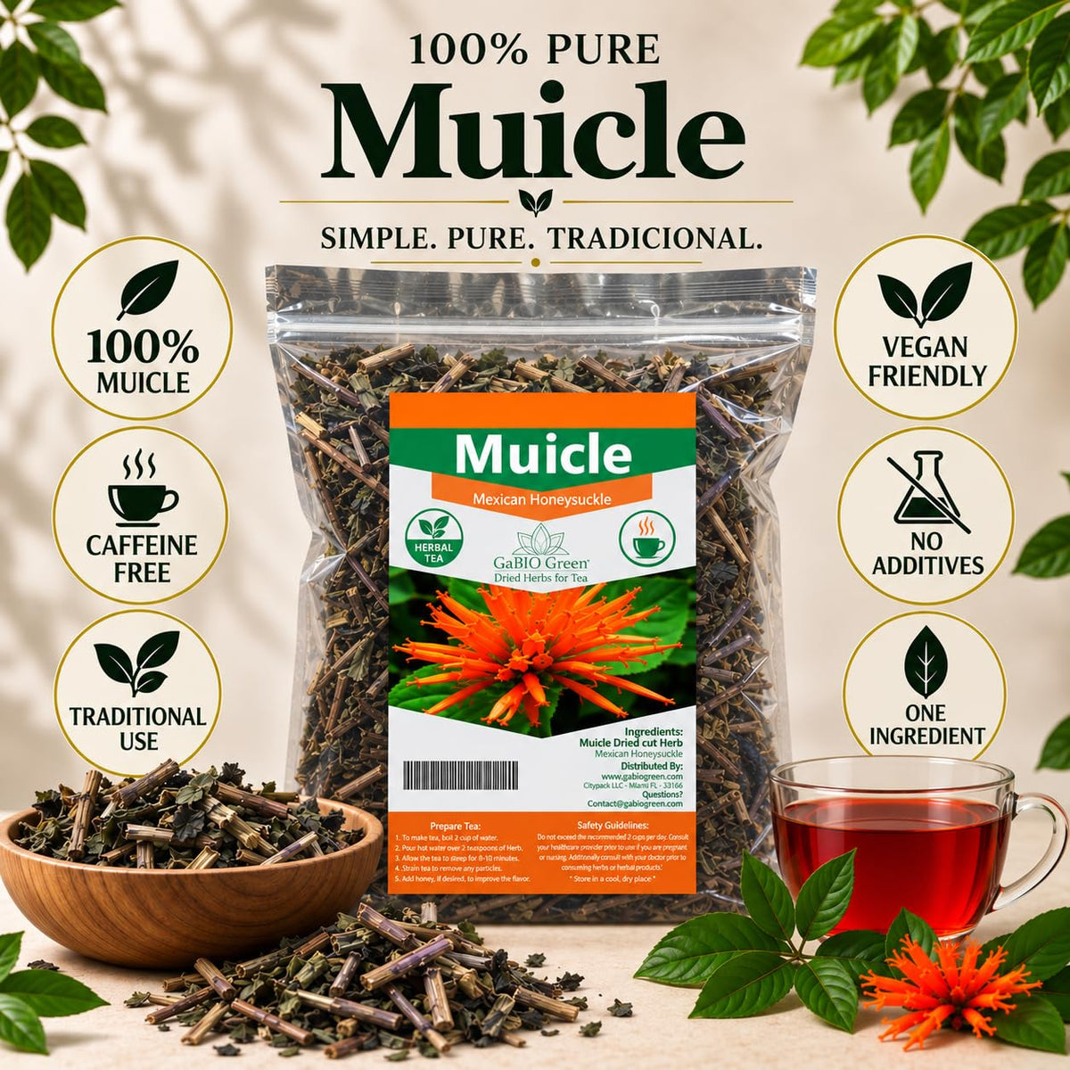 Muicle Herbal Tea – Mexican Honeysuckle Loose Leaf – 100% Single Ingredient, Caffeine Free – Gabio Green – 4.1 oz
