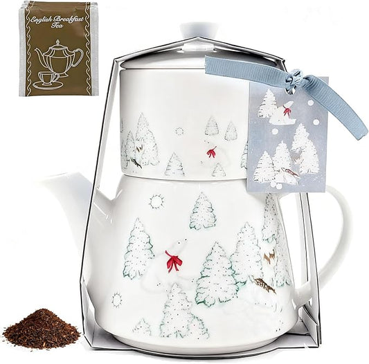 Christmas Teapot Set Ceramic Tea Pot with English Breakfast Tea, 17OZ Christmas Tree Tea Kettle with Mug as Birthday & New Year Gifts for Home & Kitchen Decor (Black Tea)