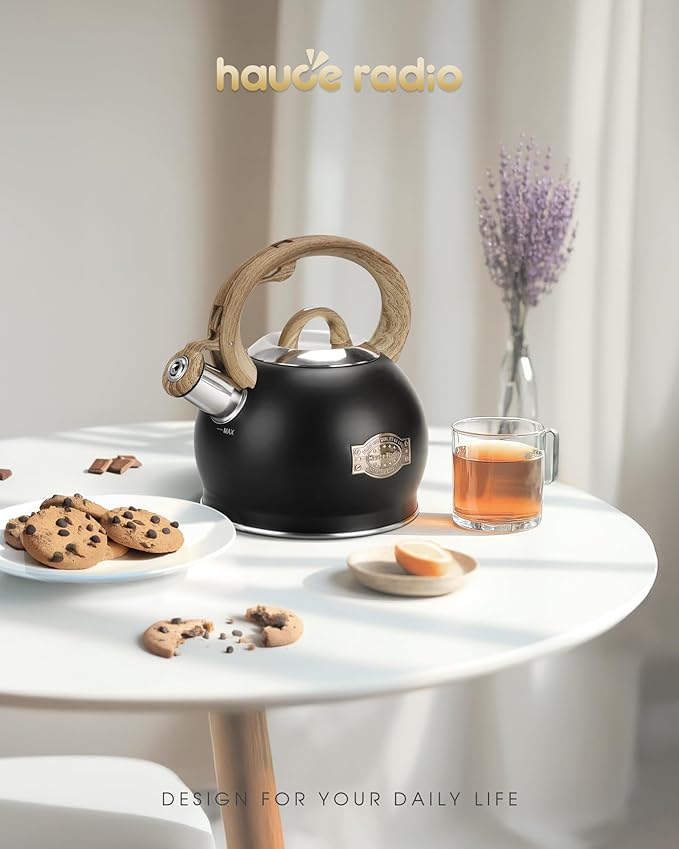 Tea Kettle Stovetop, Black Tea Kettles-2.1 Quart Loud Whistle Stovetop Teapot,Food Grade Stainless Steel with Wood Pattern Handle