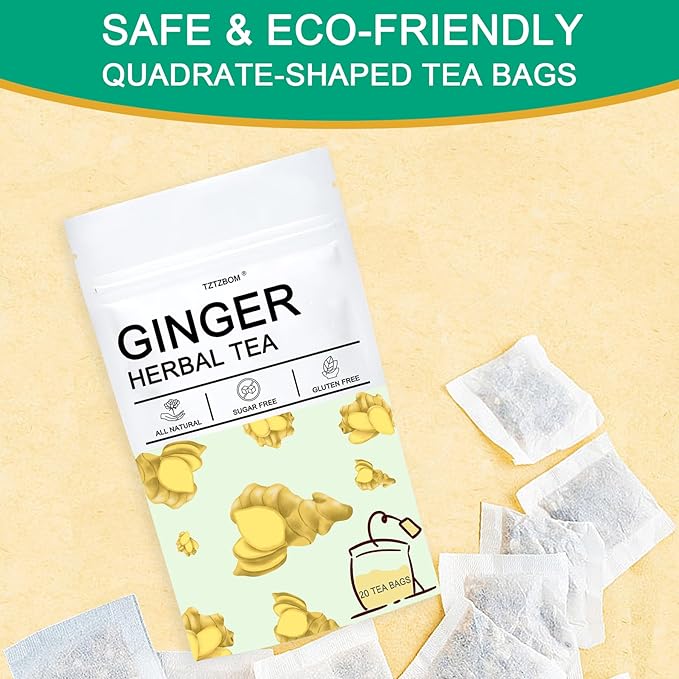 Tztzbom Ginger Tea Bags - 100% Pure Ginger Root & Lemon Peel & Liquorice Root - Soothing & Spicy Blend Natural Herbal Tea (20 Tea Bags)