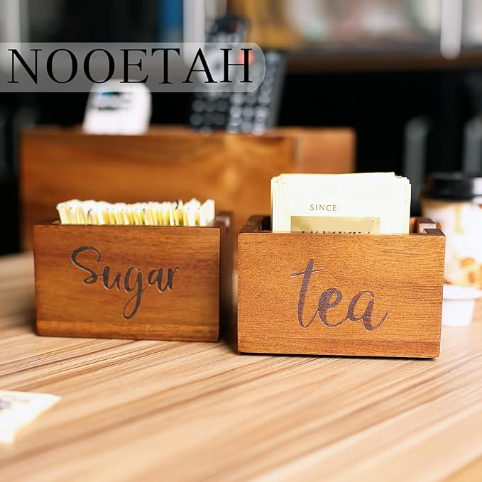 Acacia Sugar Packet Caddy for Coffee Bar, Farmhouse Wood Sugar Holder Packets , Sugar Packet Container, Small Tea Bag Organizer for Office Table,Hotel, Restaurant, Brown Labeled "Tea"