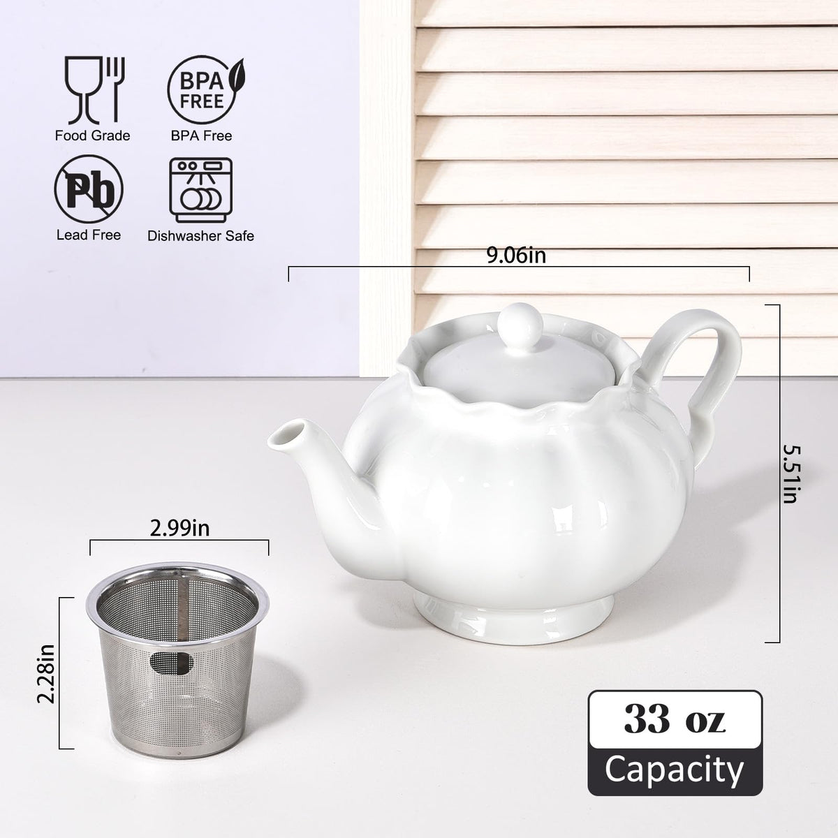 Ursword Tea Pot with Infuser for Loose Leaf Tea, 33oz, Ceramic Teapot with Tea Strainer, Large Teapots for Tea Party, New