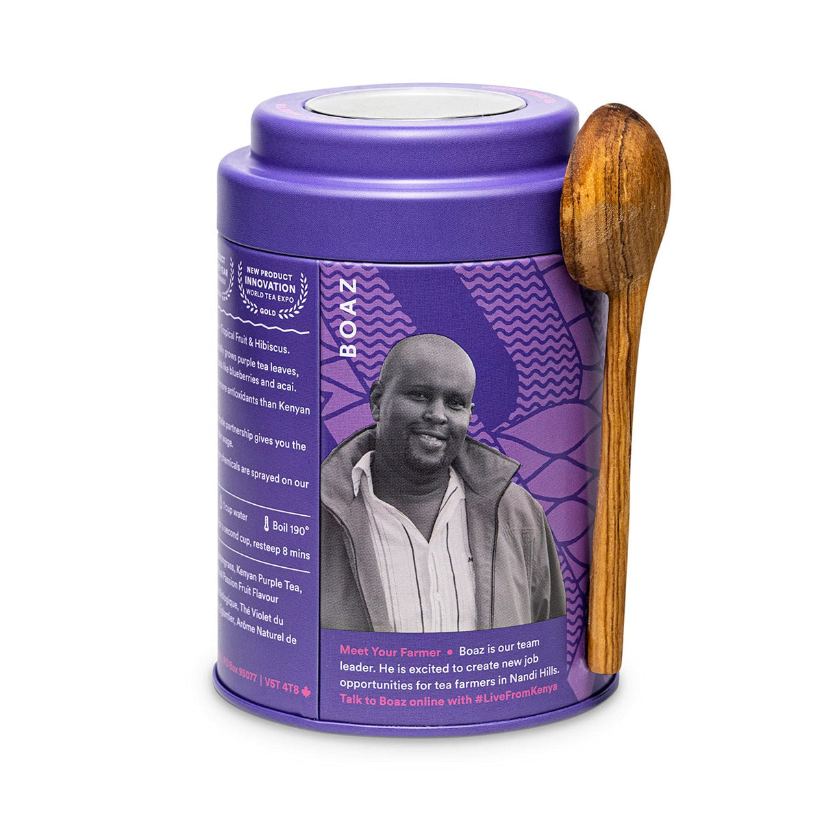 JusTea PURPLE RAIN Loose Purple Tea, 40+ Cups Tin with Spoon, 1/5 Caffeine